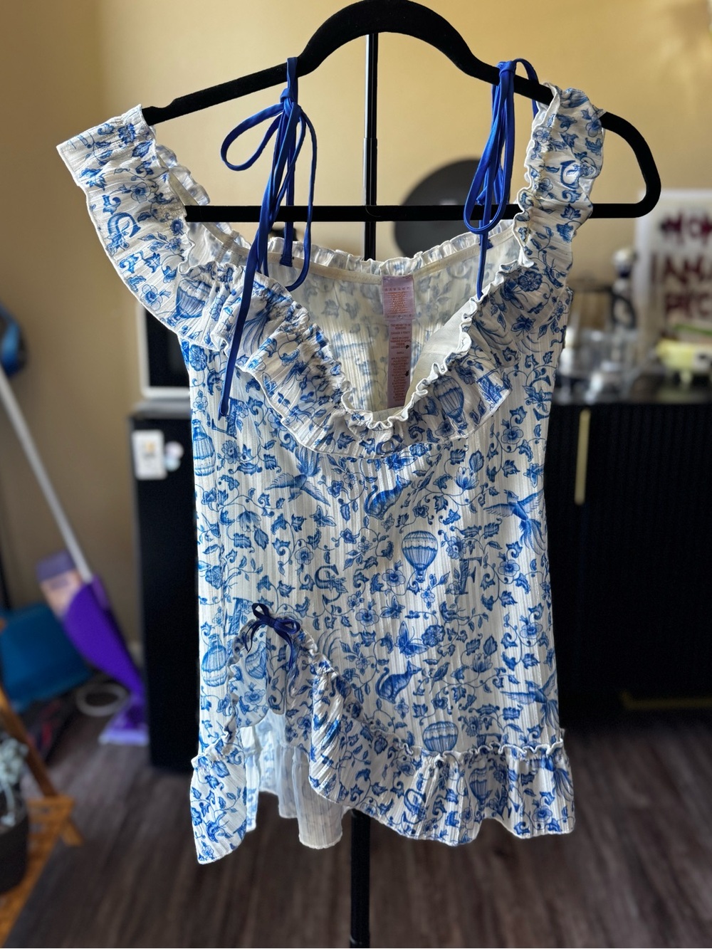 Savage X Fenty Blue and White Ruffle Tie-Shoulder One-Piece